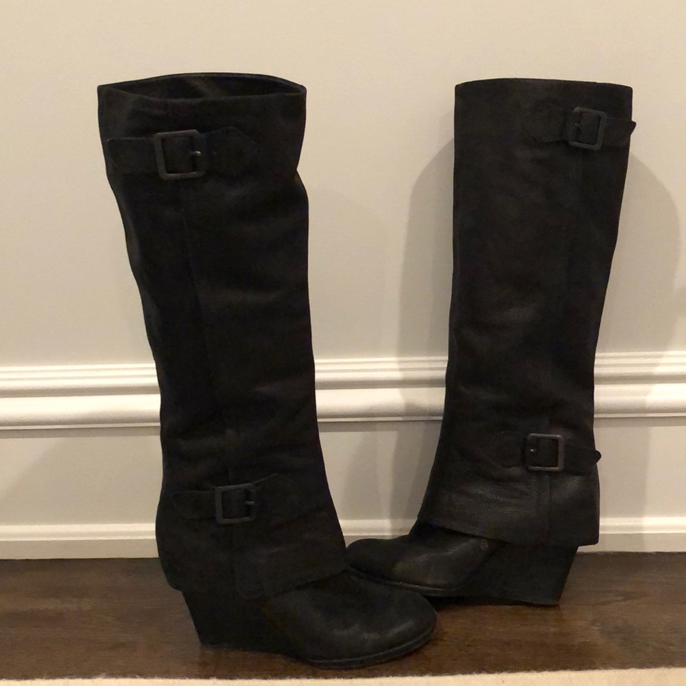 Black leather knee high wedged boots